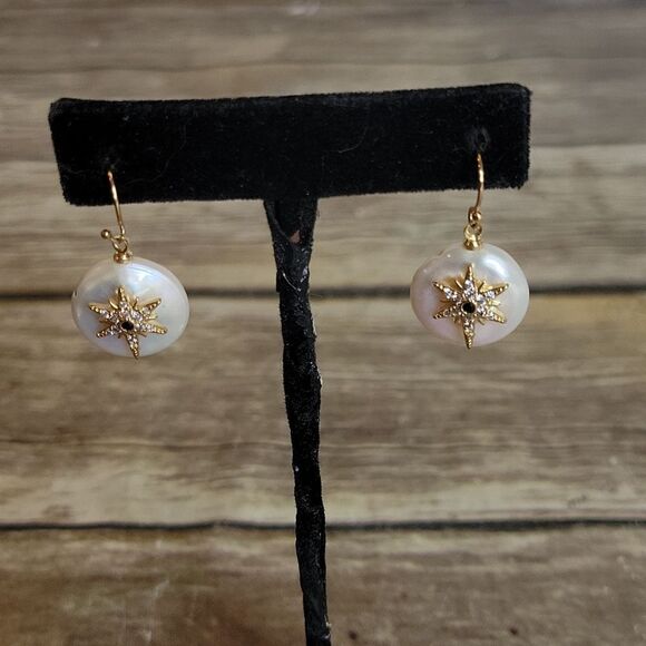 Genuine Pearl Earrings with Goldtone and Stones - Picture 2 of 5